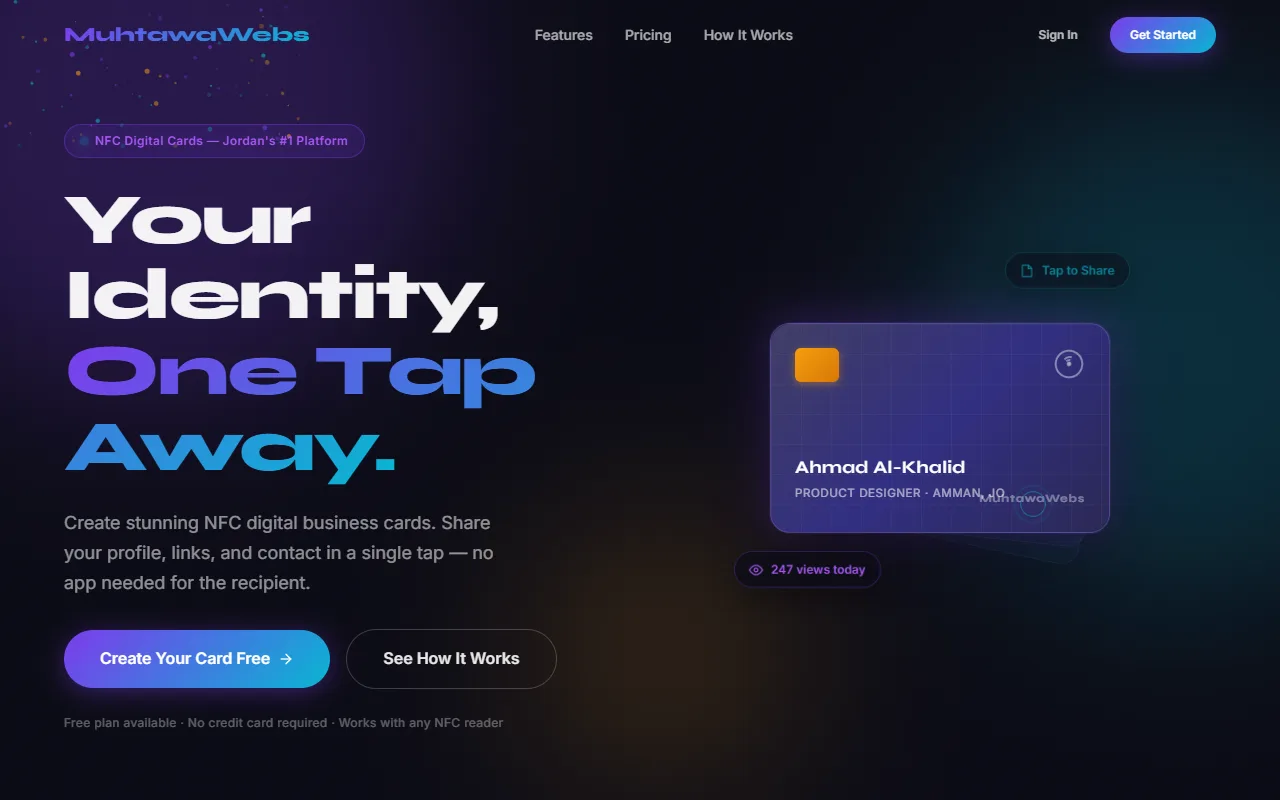 Landing page of the MuhtawaWebs NFC cards platform